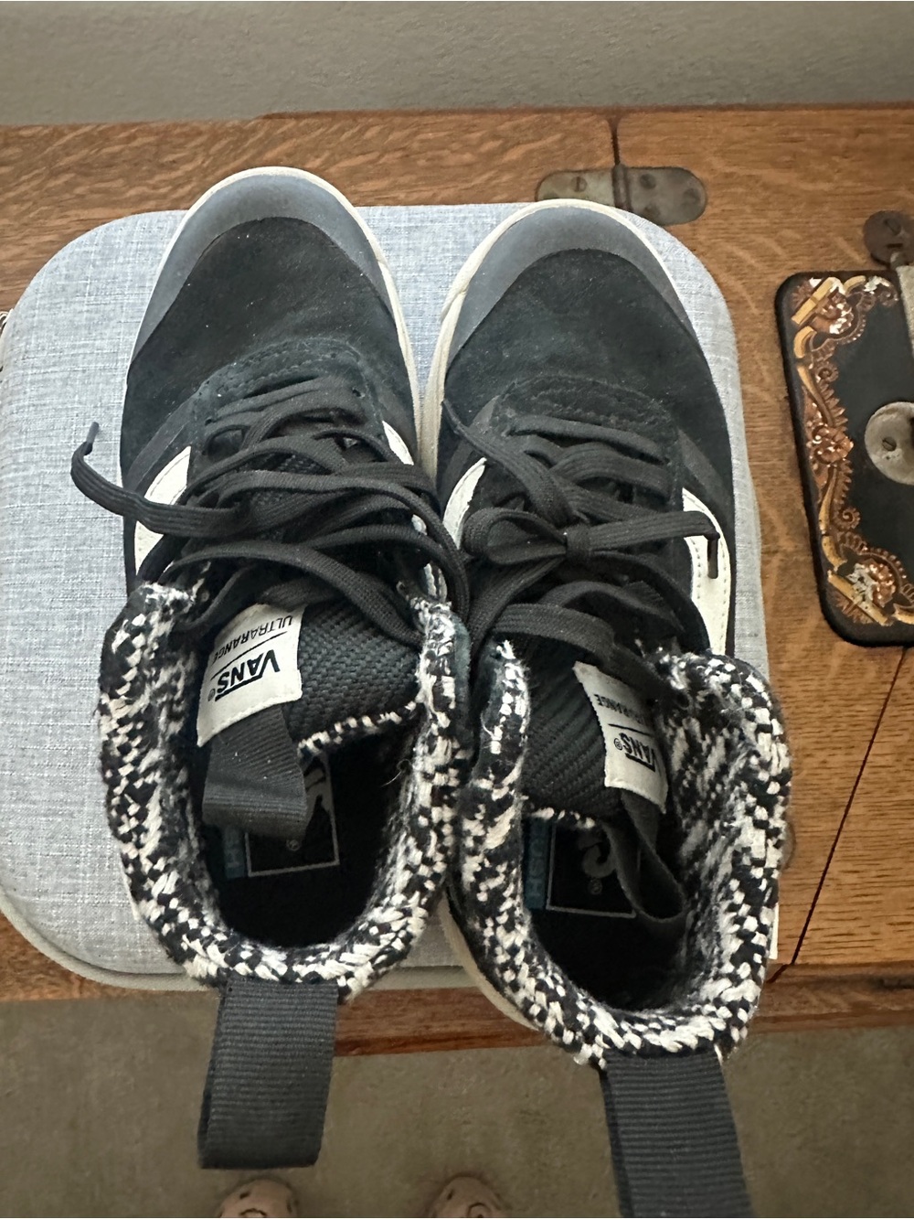 Vans Black High-Top Sneakers with Black-and-White Patterned Collar